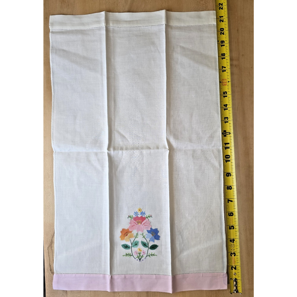 VTG Linen Napkin Floral Appliqué 14x22 Pink Embroidered Cottagecore Shabby Chic